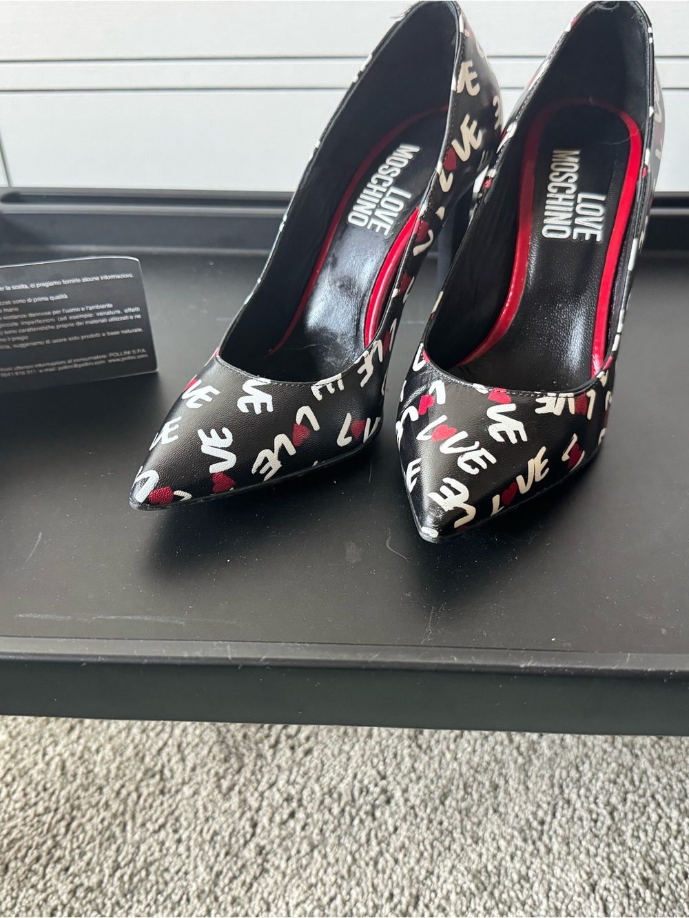 Love Moschino Black Pumps with White 'LOVE' Script and Red Heart Accents